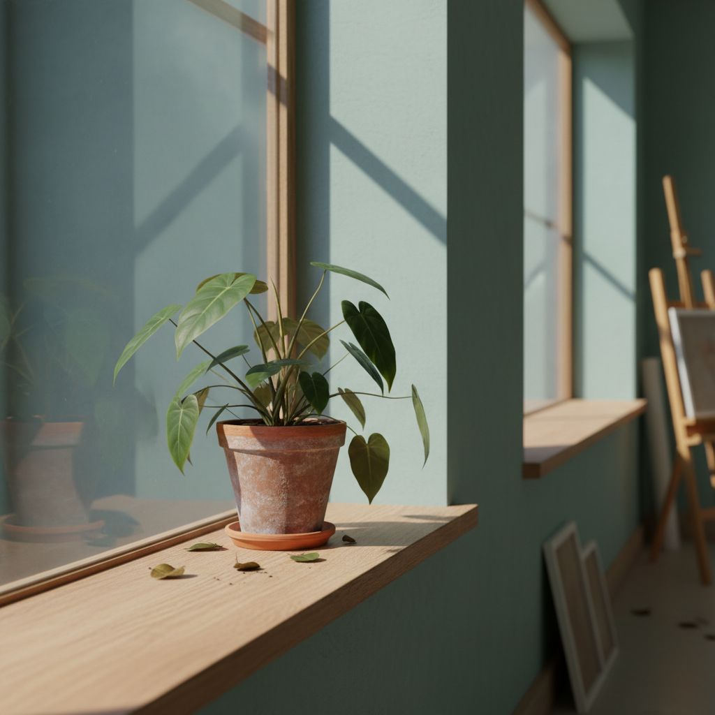 A potted botanical plant on a studio windowsill