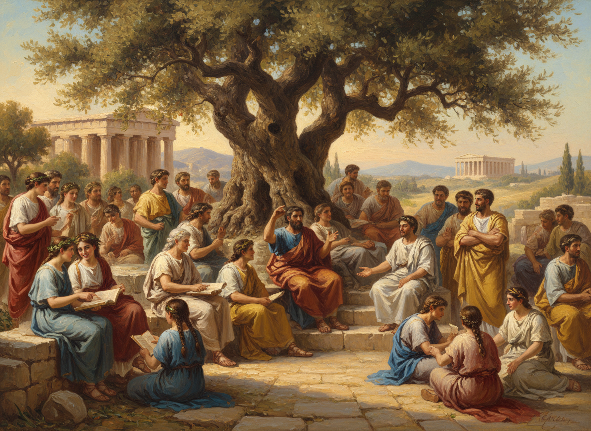 Ancient Greeks learning together under olive tree